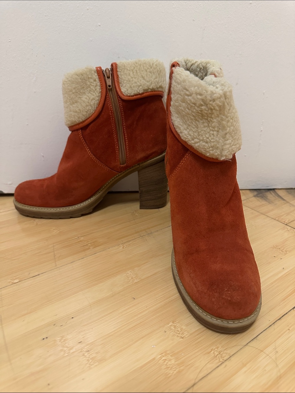 Minelli Rust Suede Fold-Over Shearling Ankle Boots